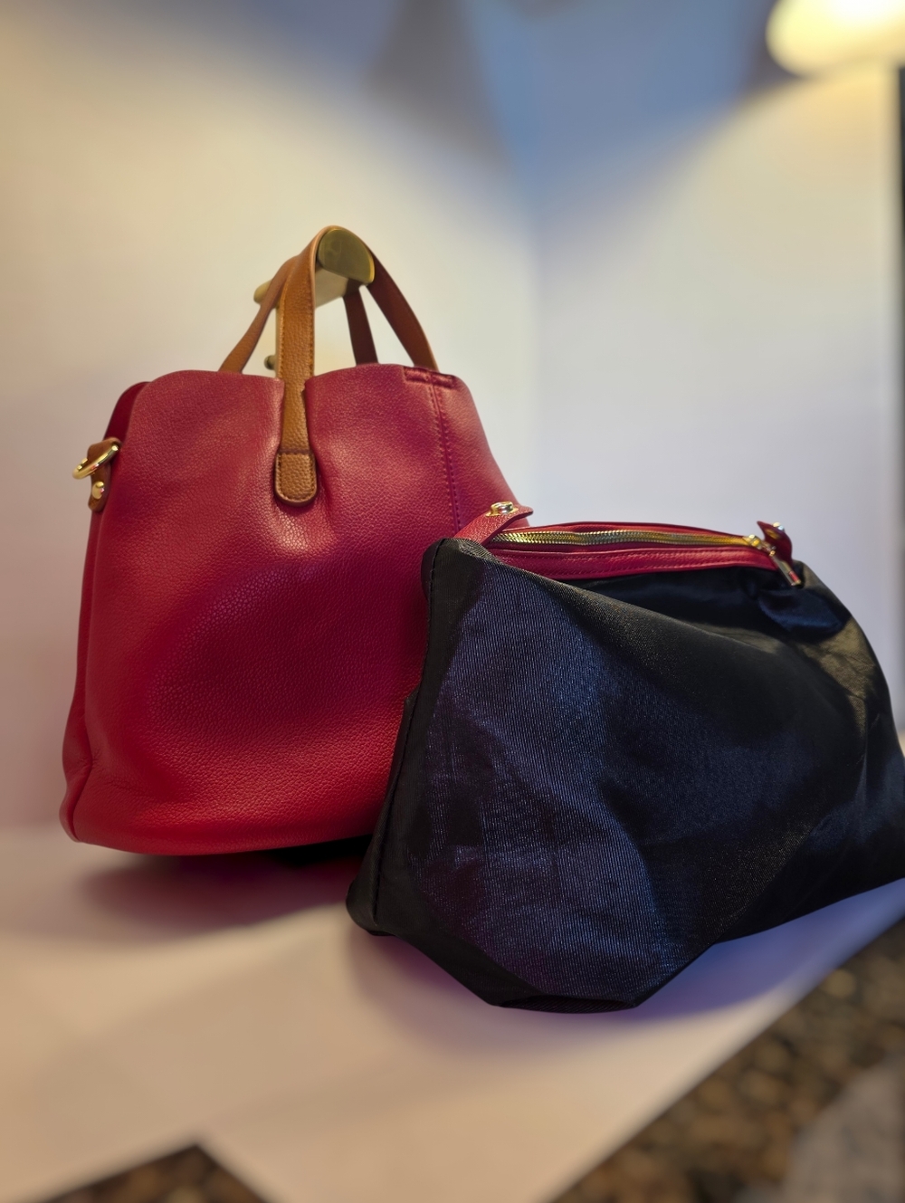 Designer-Inspired Women's Burgundy Leather Tote Bag with Tan Handles NWT - Picture 7 of 8